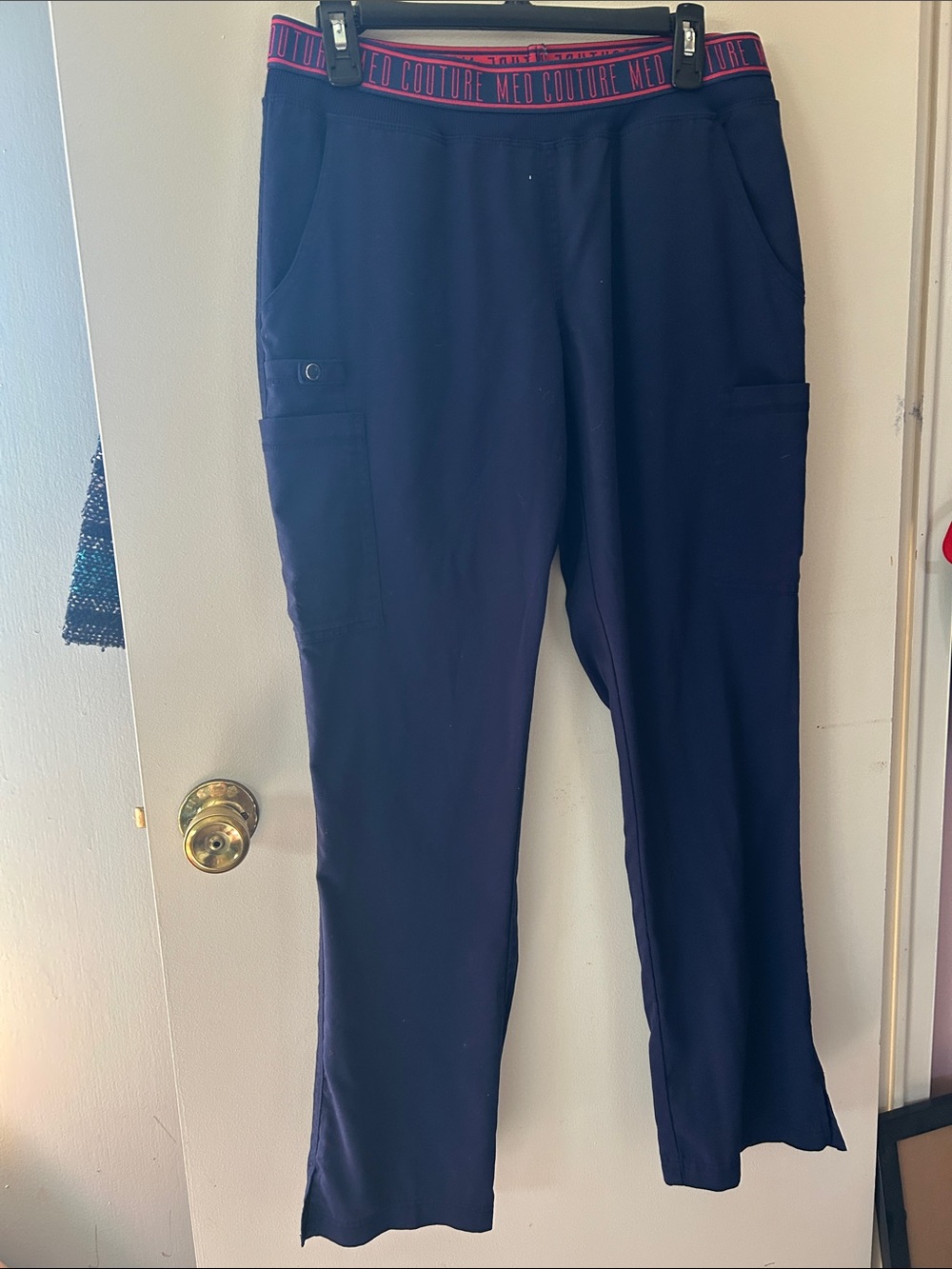 Med Couture Navy Blue  Cargo Scrub Pants with Pink Waistband